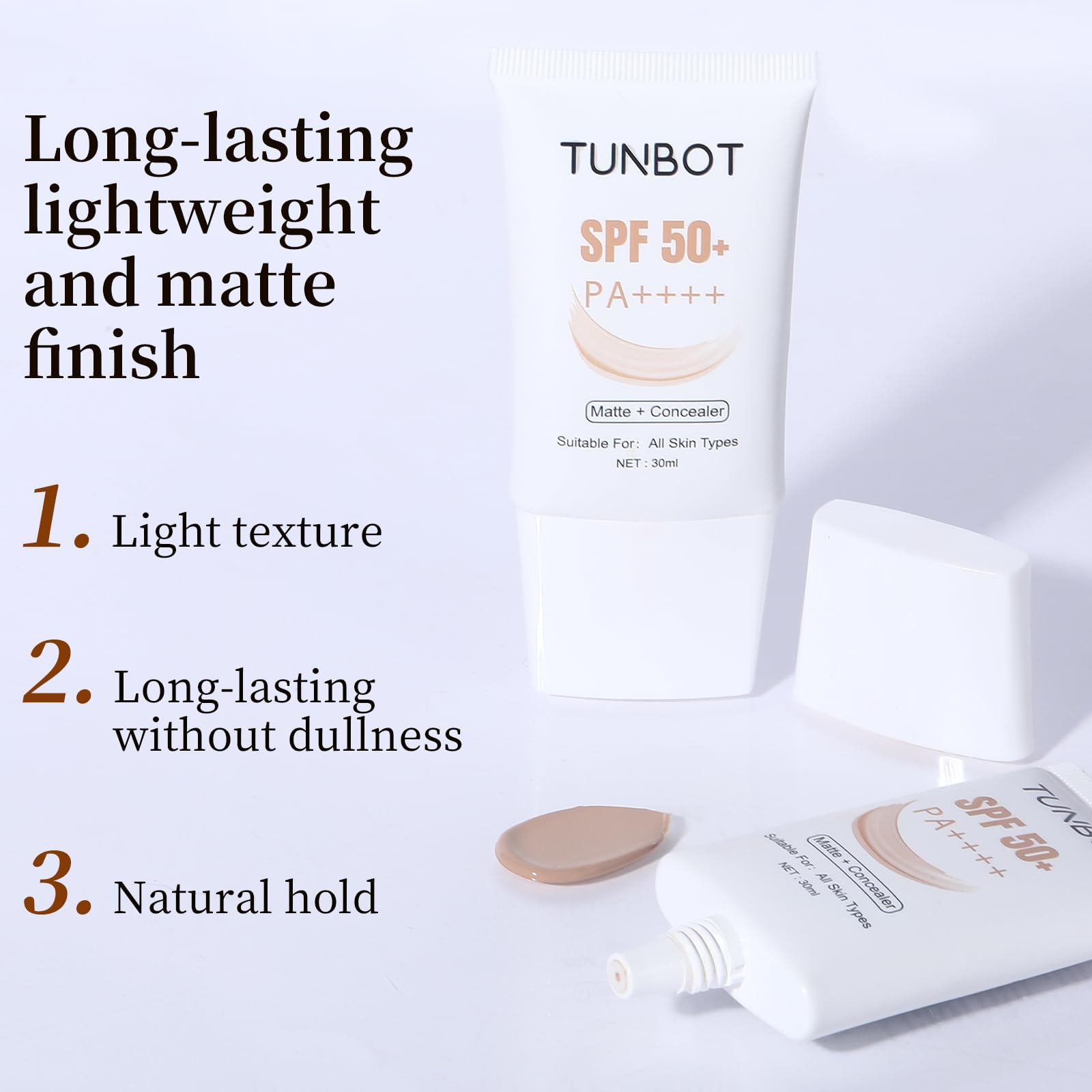 Tunbot liquid foundation SPF 50 compact case highlights portable makeup on the go.