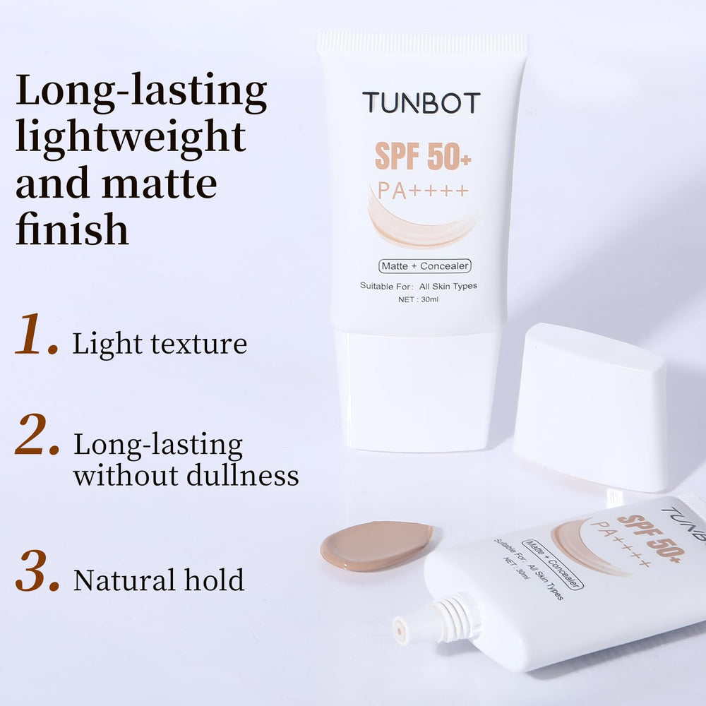 Tunbot liquid foundation SPF 50 compact case highlights portable makeup on the go.