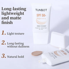 Tunbot liquid foundation SPF 50 compact case highlights portable makeup on the go.