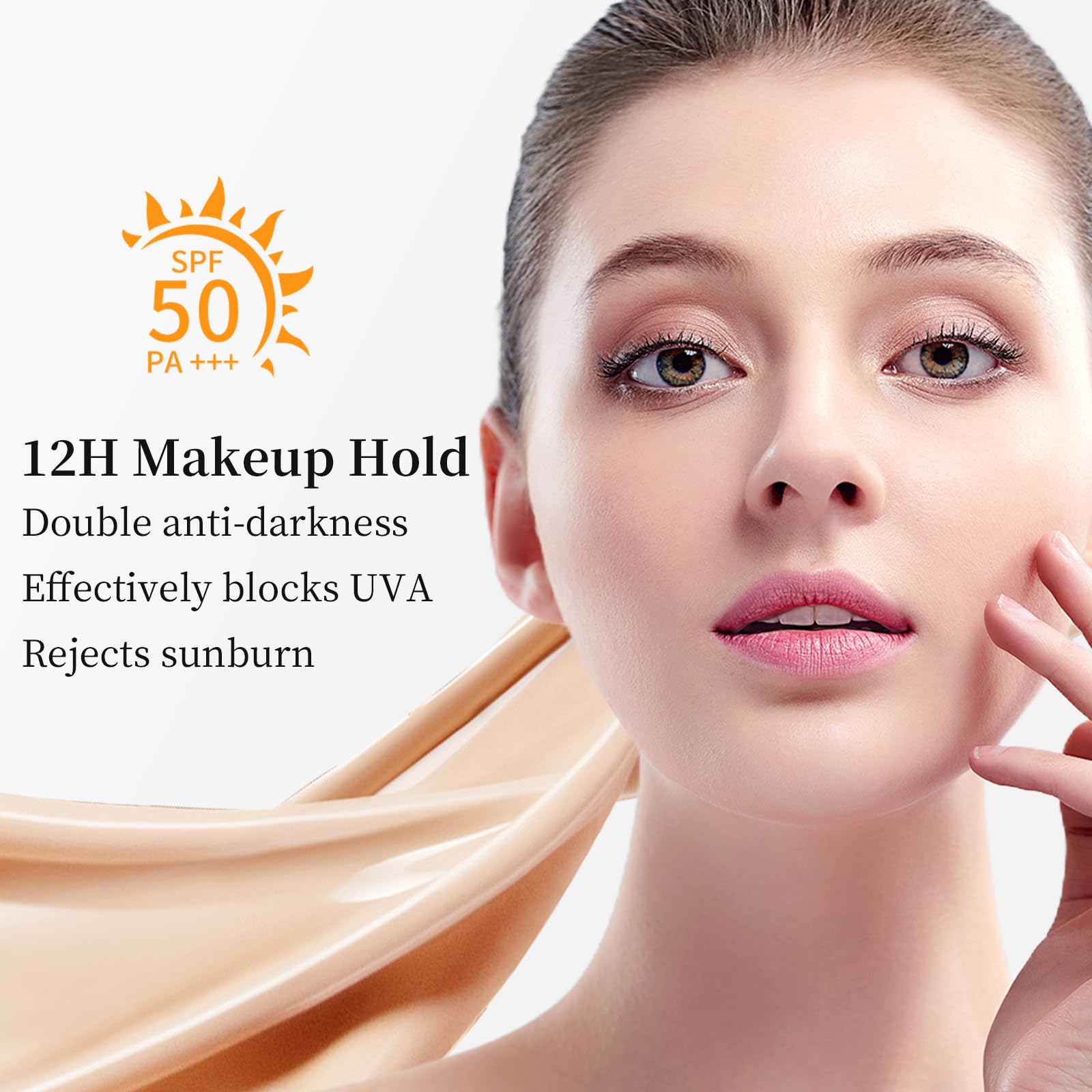 Tunbot liquid foundation SPF 50 shade-range display shows inclusive tones for diverse skin.