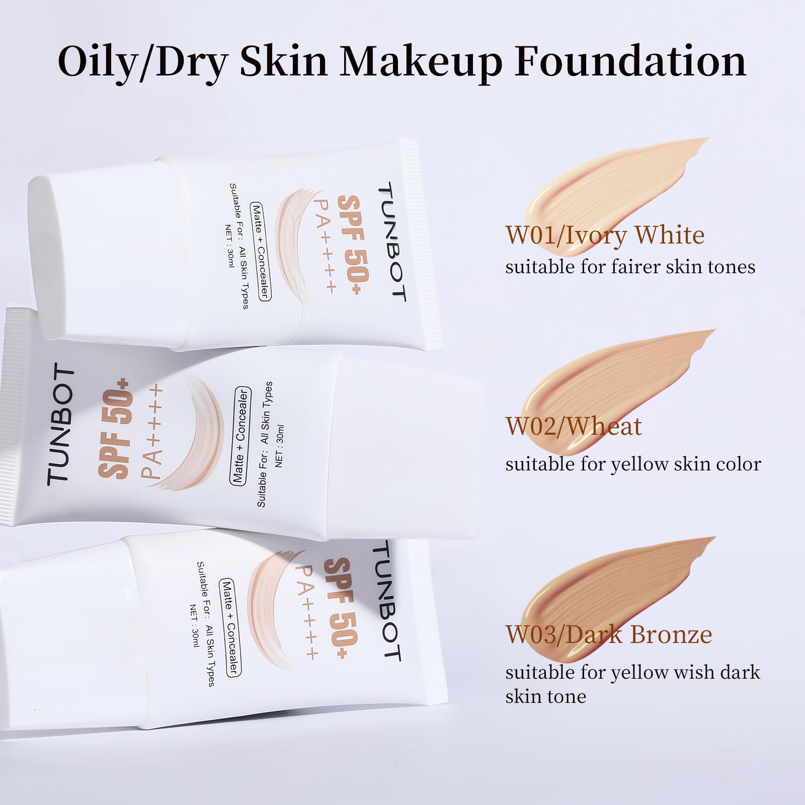 Tunbot liquid foundation SPF 50 unscented cap emphasizes fragrance-free formula.
