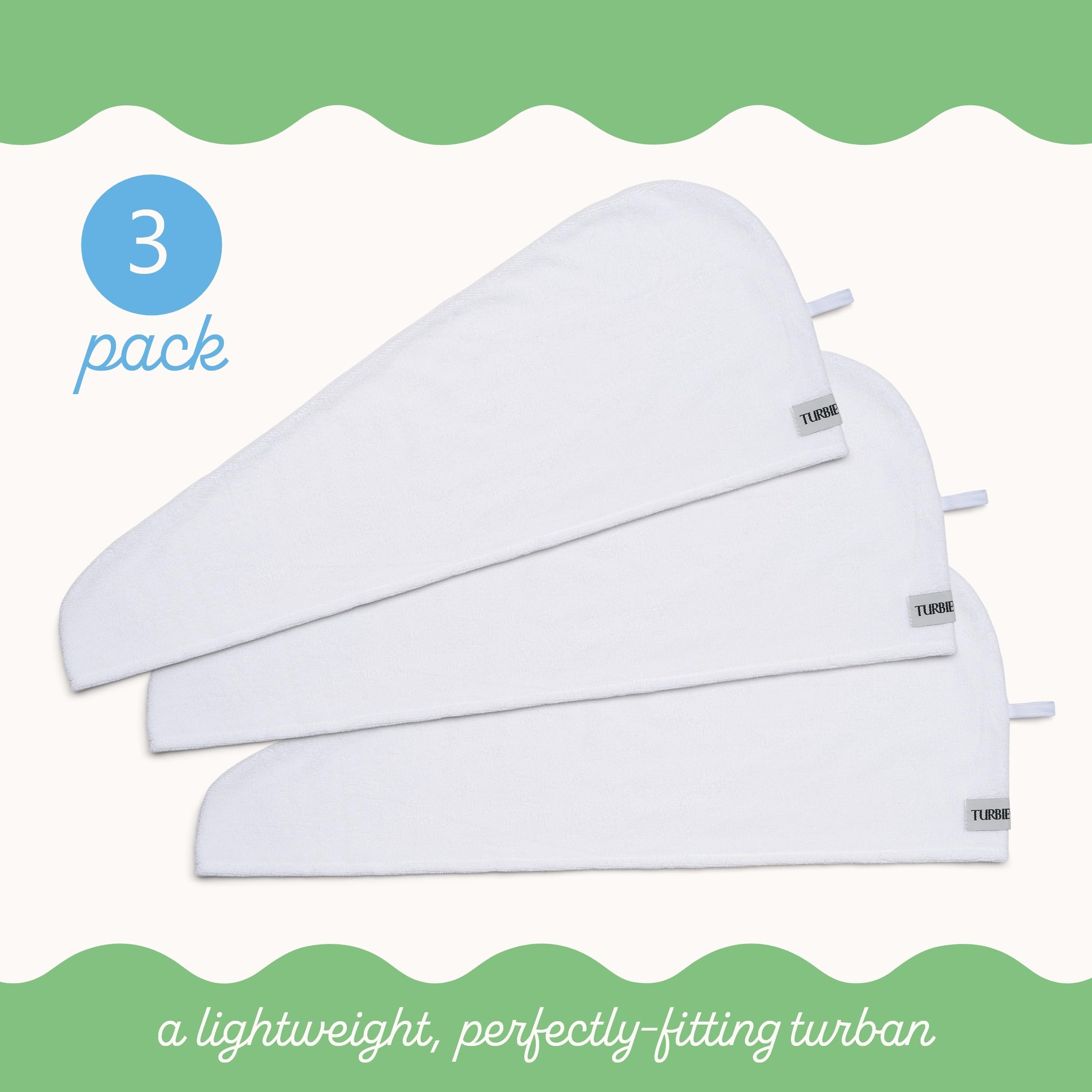 Turbie Twist absorbent cotton wrap shows gentle drying with minimized towel-frizz.