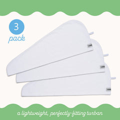 Turbie Twist absorbent cotton wrap shows gentle drying with minimized towel-frizz.