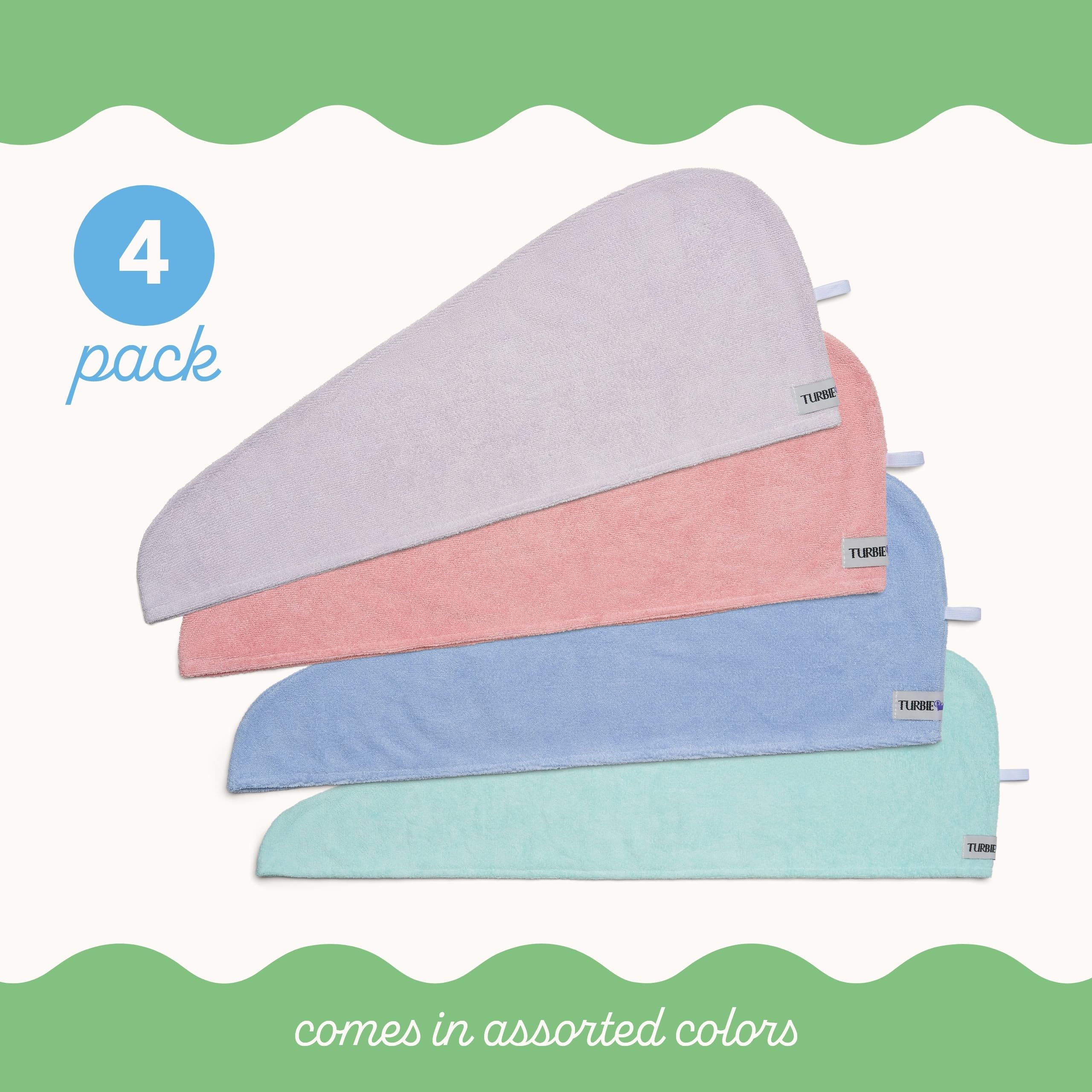 Turbie Twist blue towel with twist-loop system, secure fit for hands-free drying.