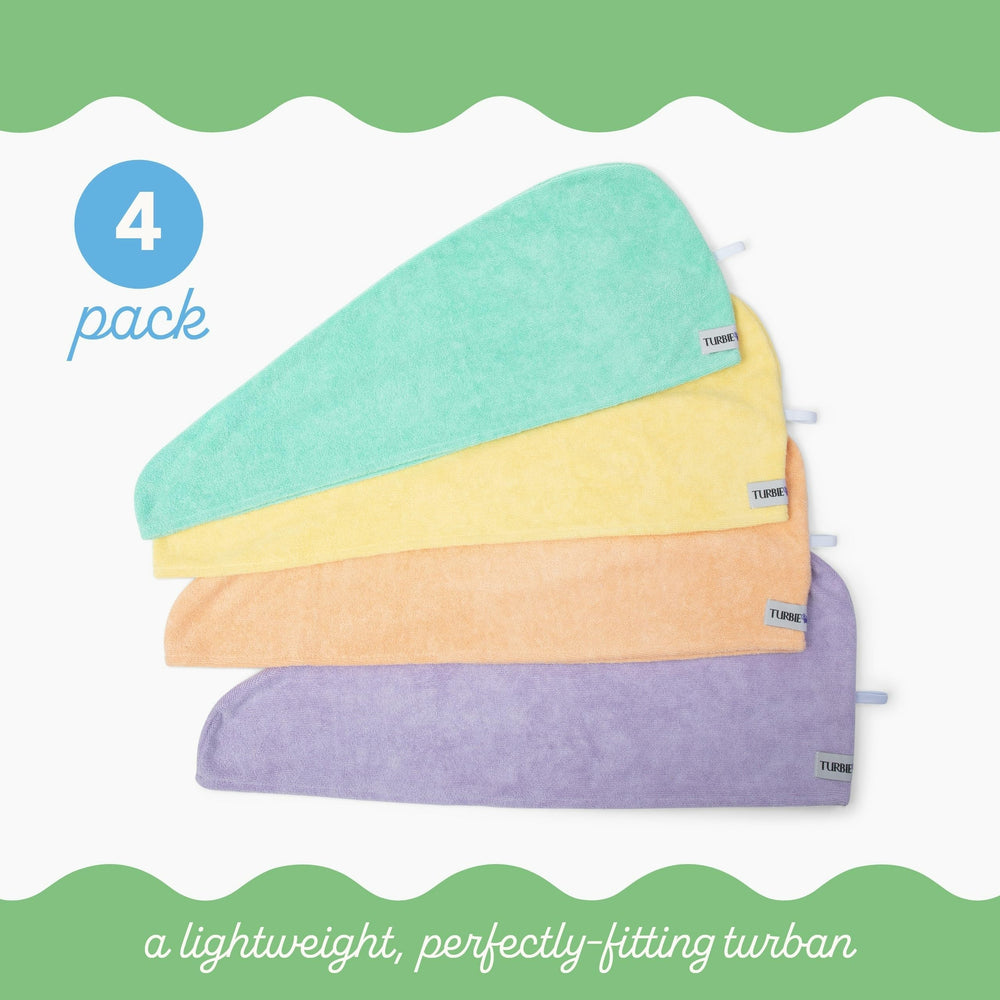 Turbie Twist four-pack microfiber hair towel Lilac close-up demonstrates absorbent fabric.