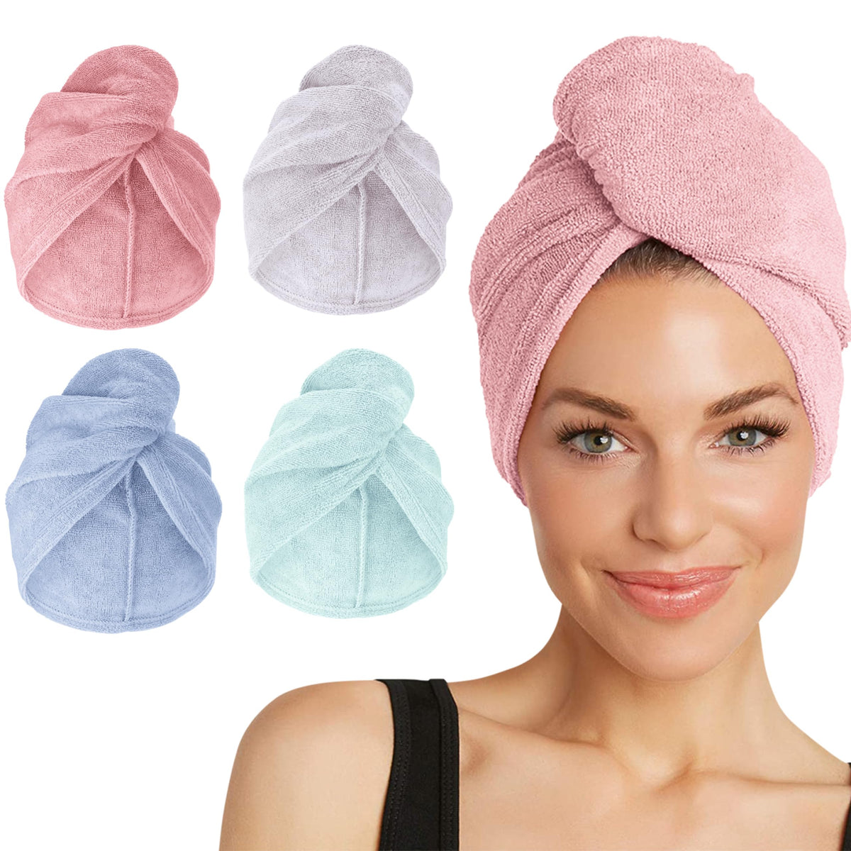 Turbie Twist four-pack pink towel close-up, premium microfiber for fast, gentle hair drying.
