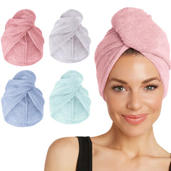 Turbie Twist four-pack pink towel close-up, premium microfiber for fast, gentle hair drying.