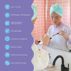 Turbie Twist four-pack purple towel in-use, anti-frizz wrap protects curls while drying.