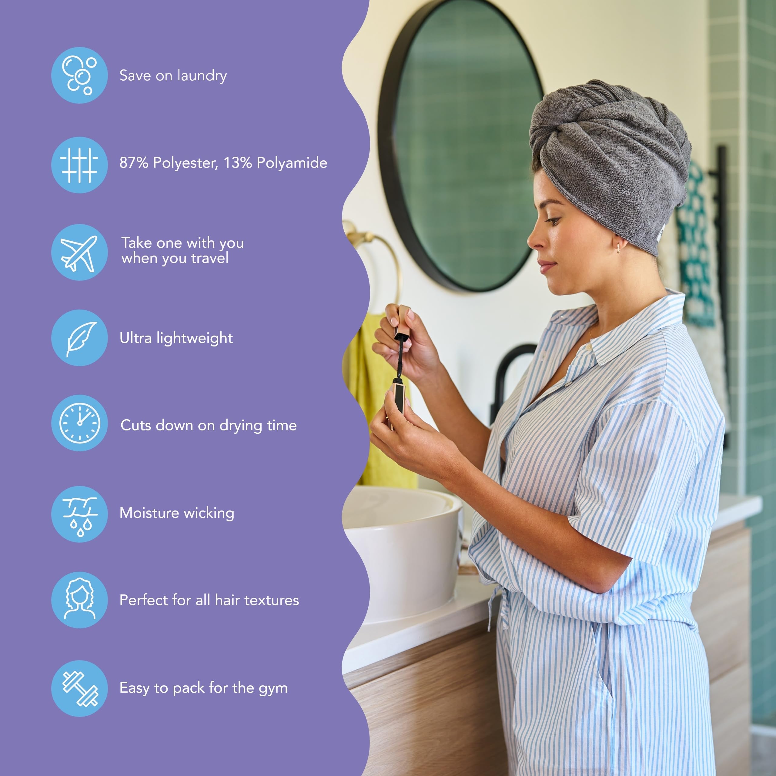 Turbie Twist blue towel wrap on head for smooth, frizz-minimized styling.