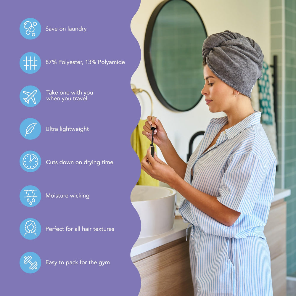 Turbie Twist blue towel wrap on head for smooth, frizz-minimized styling.