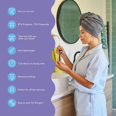 Turbie Twist blue towel wrap on head for smooth, frizz-minimized styling.