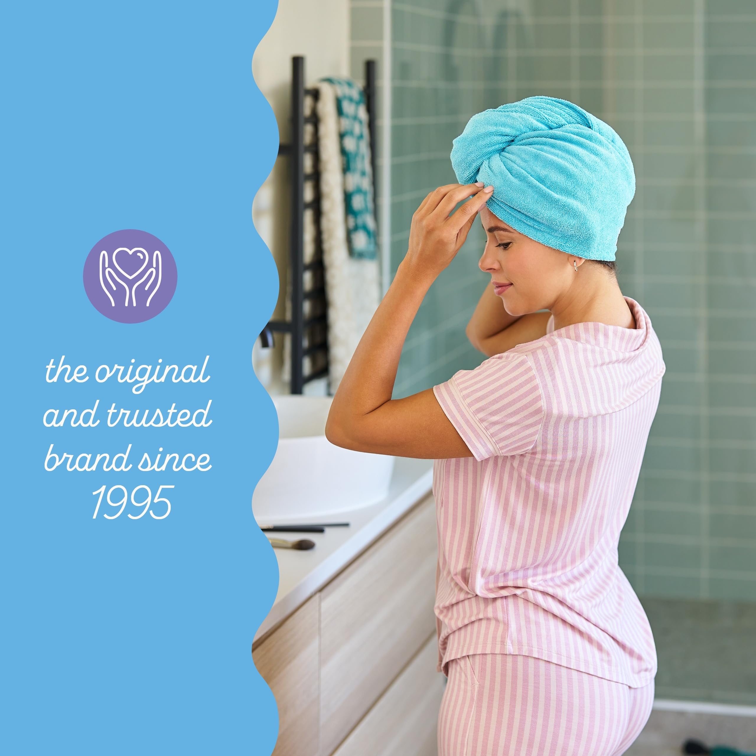 Turbie Twist hair towel on shower stand demonstrates moisture removal