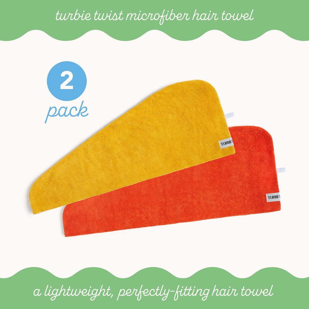 Turbie Twist hair towel wrap Orangeade shown for travel-friendly drying on the go.
