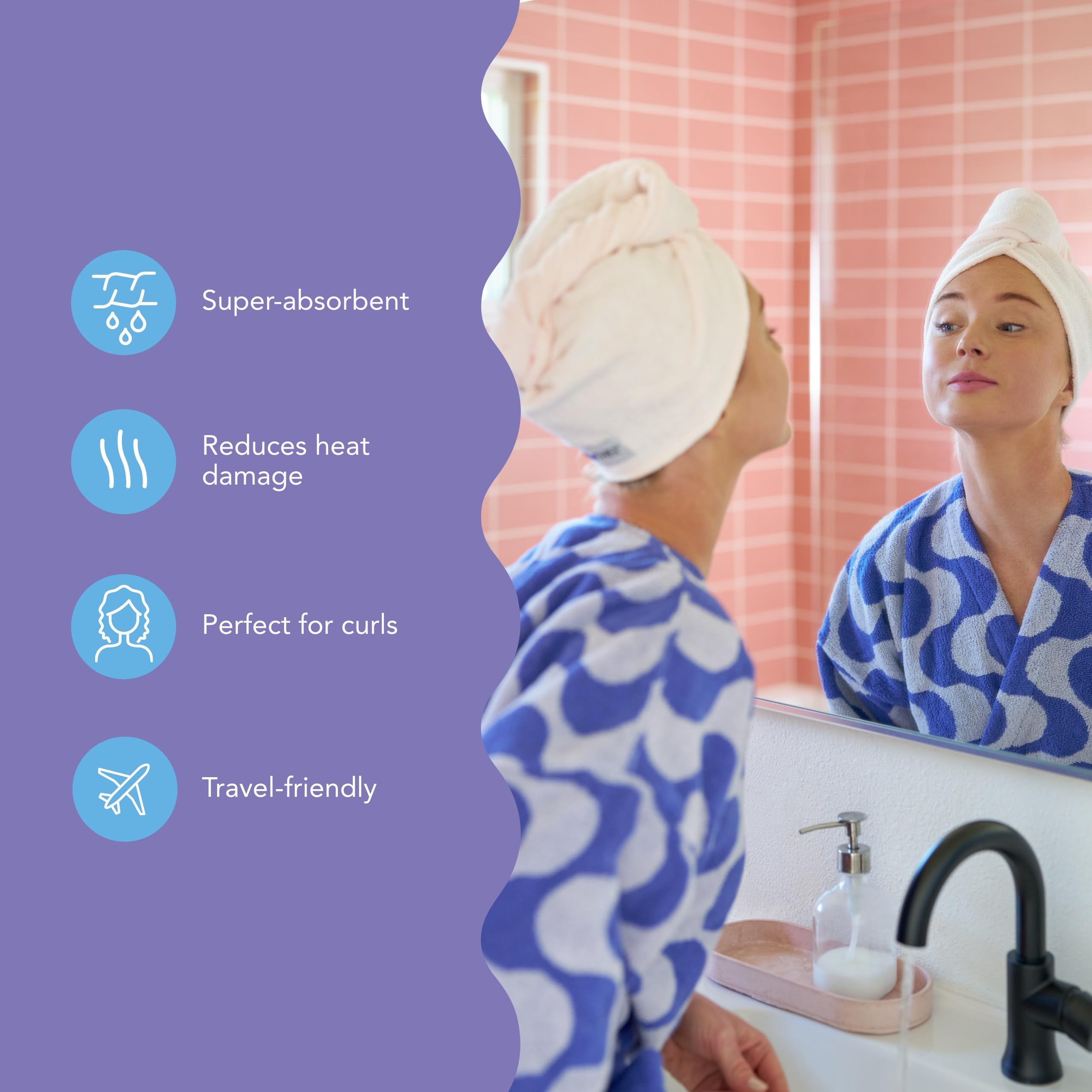 Turbie Twist hair wrap turban demonstrates anti-frizz, gentle drying for smooth hair.