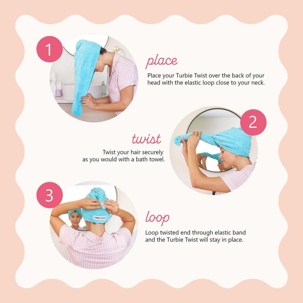 Turbie Twist hands-free drying image highlights convenient routine after shower.