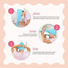 Turbie Twist hands-free drying image highlights convenient routine after shower.