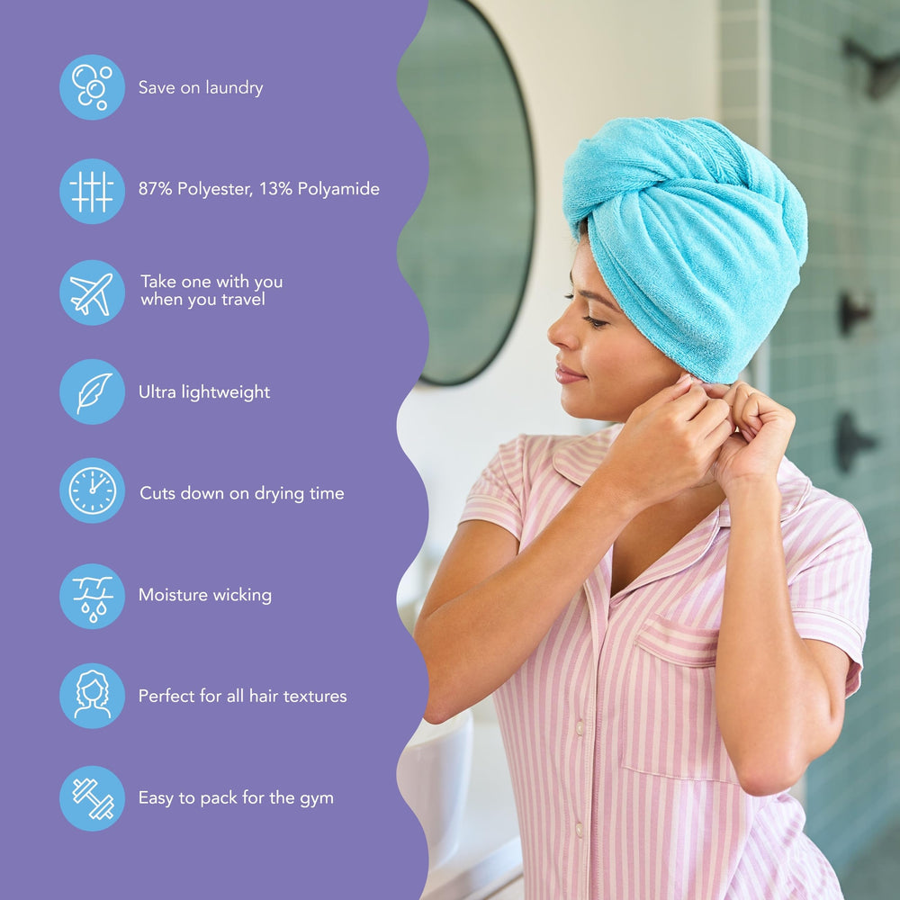 Turbie Twist light aqua hair towel wrap with secure fit and anti-frizz comfort