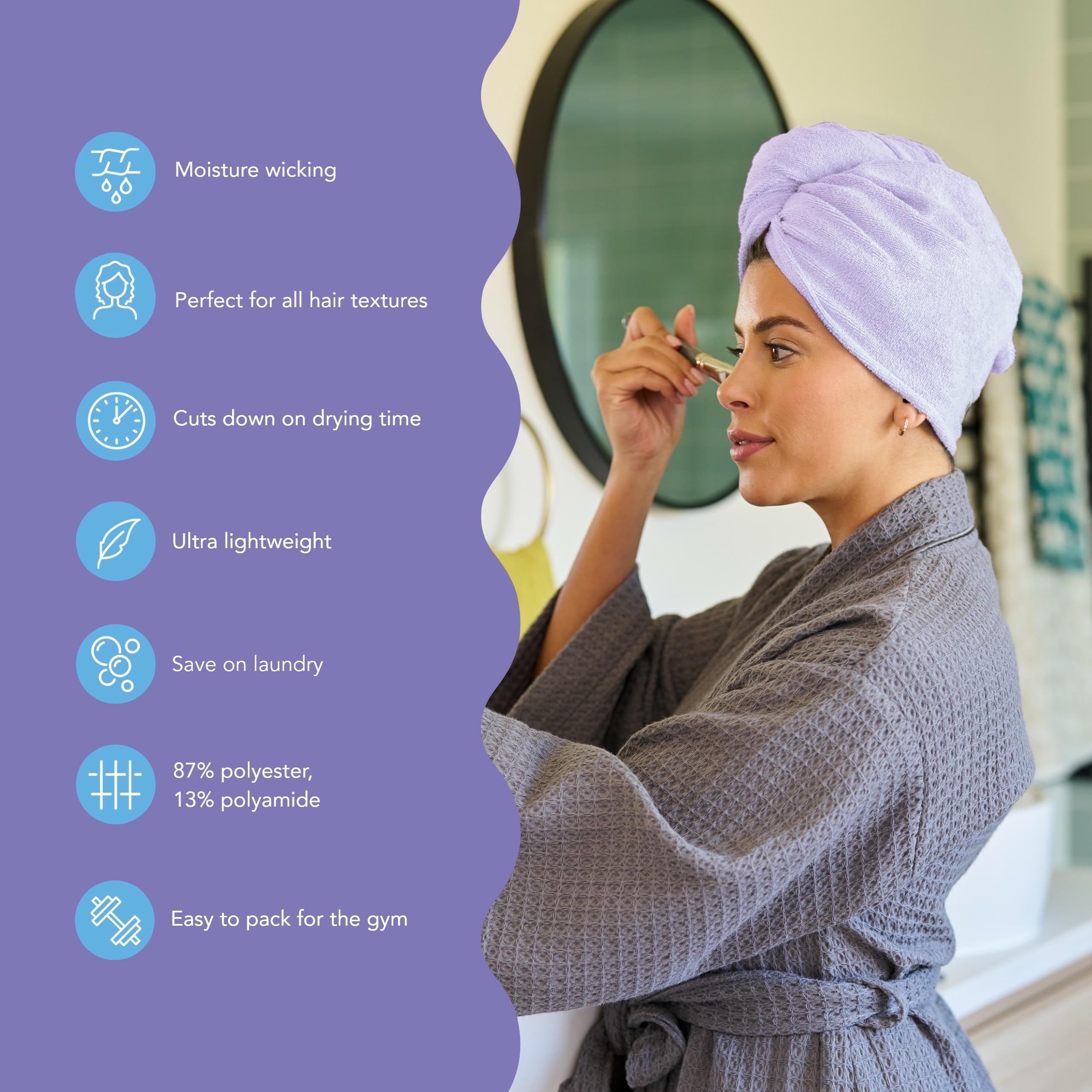 Turbie Twist lilac lemon hair towel in use as a gentle wrap
