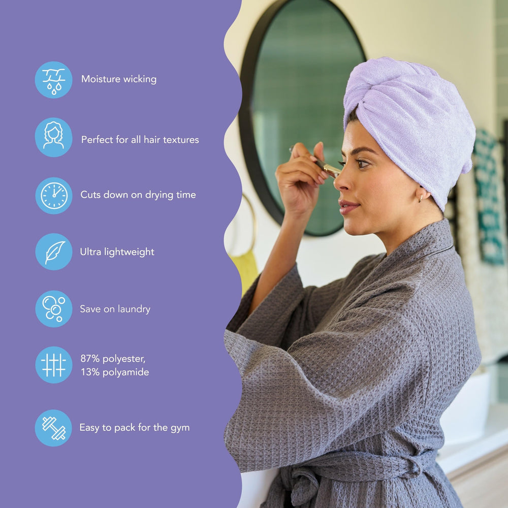 Turbie Twist lilac lemon hair towel in use as a gentle wrap
