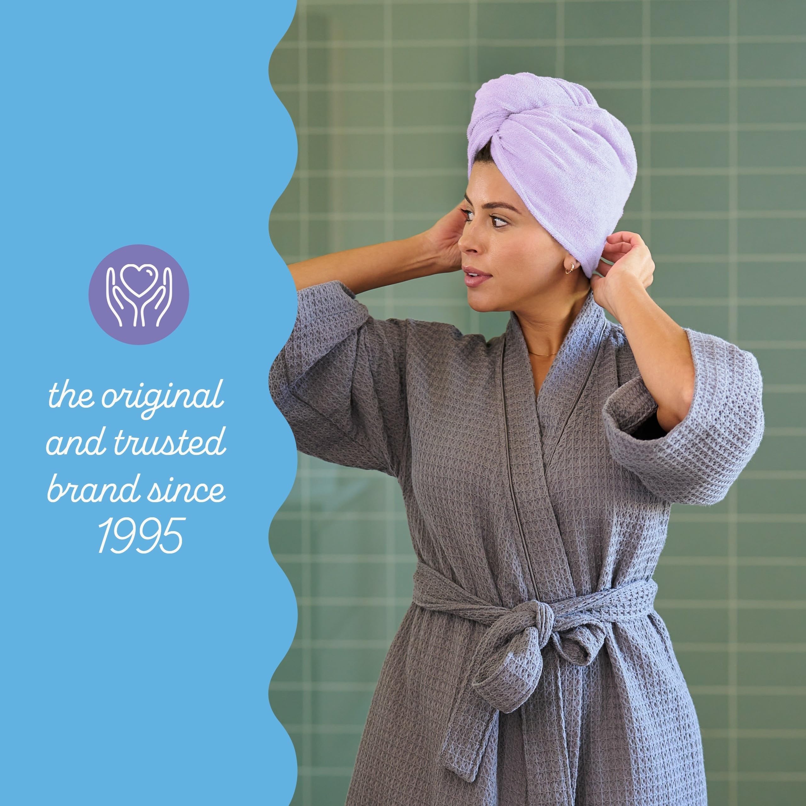 Turbie Twist lilac lemon twist-and-loop system demonstrates secure wear
