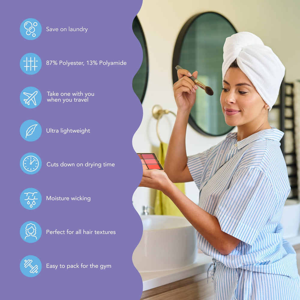 Turbie Twist microfiber towel absorbs moisture for faster post-shower routines.