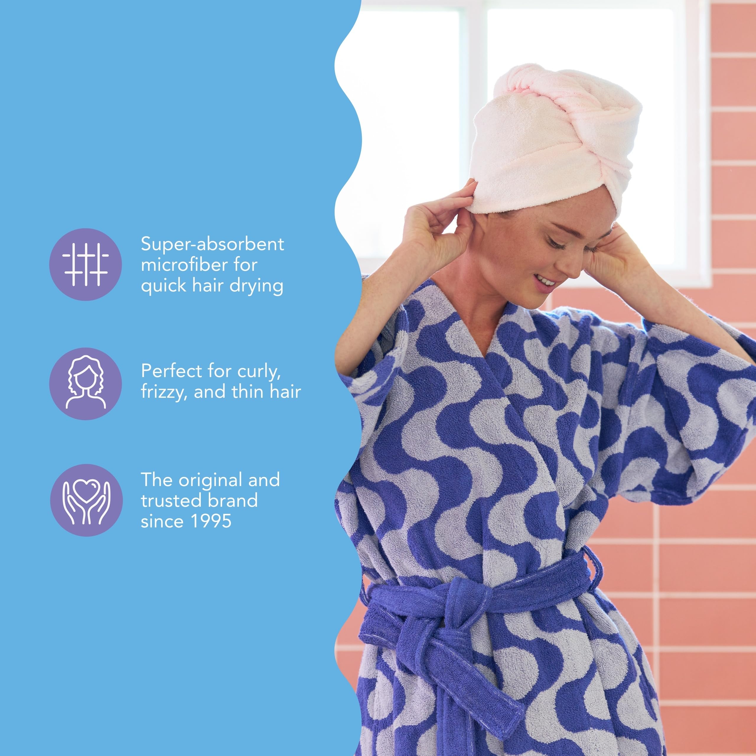 Turbie Twist all hair types use demonstrates compatibility for straight, wavy, curly textures.