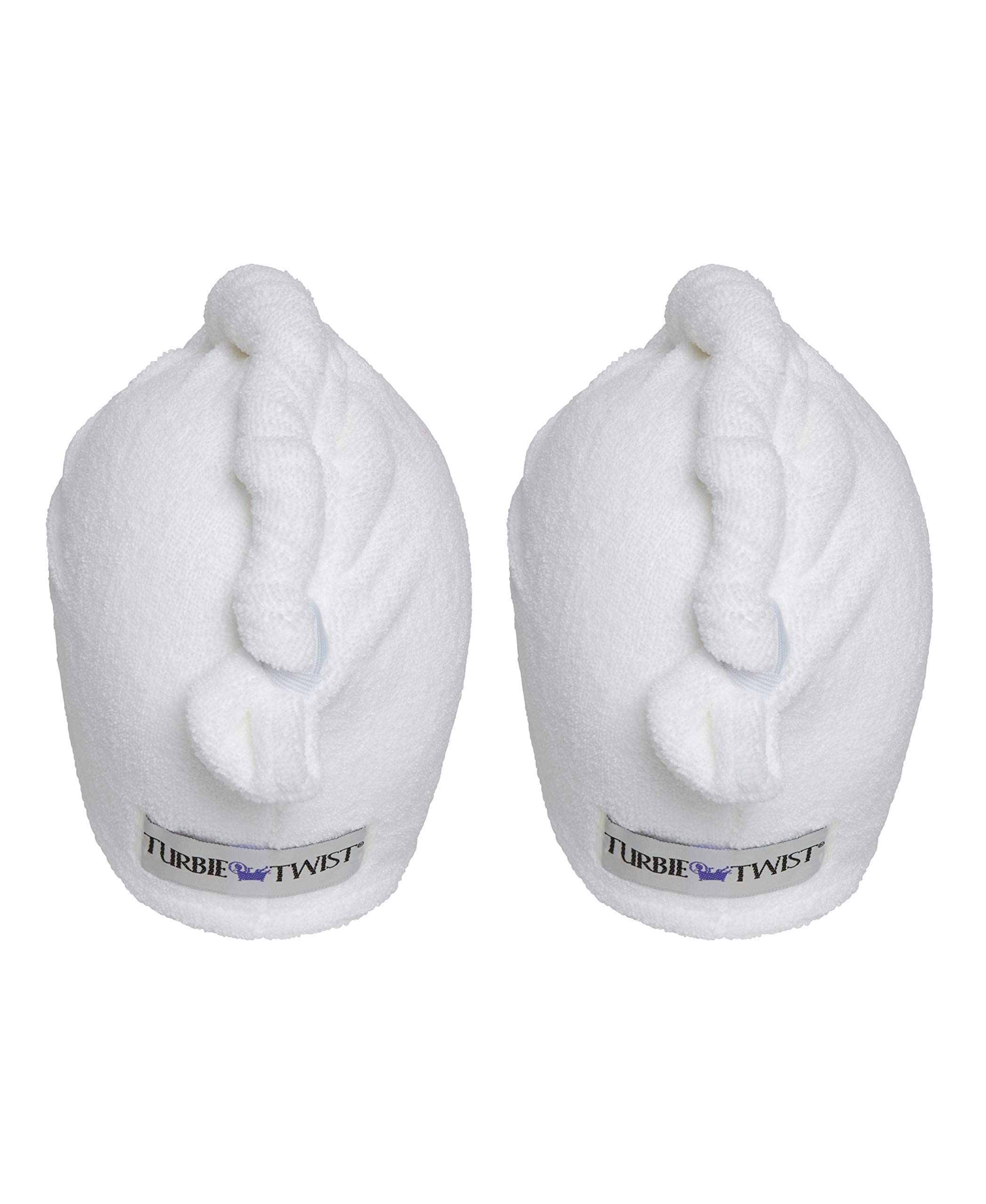 Turbie Twist pristine white towels in a two-pack for easy storage.