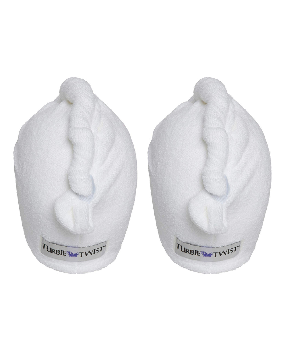 Turbie Twist pristine white towels in a two-pack for easy storage.
