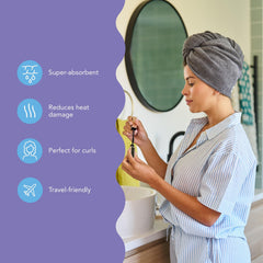 Turbie Twist wrap turban microfiber towel for travel, keeps hair secure in compact spaces.