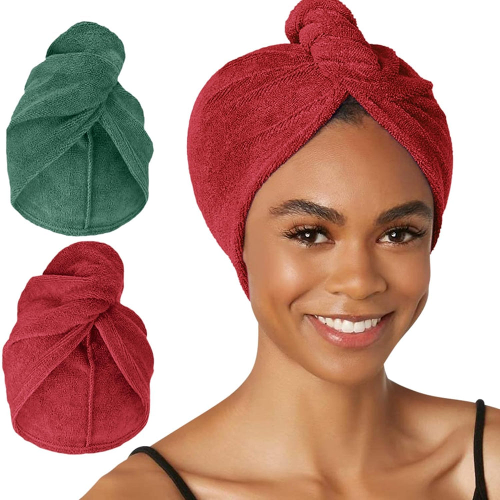 Turbie Twist 2-pack microfiber hair towel in green and red, quick-drying wrap.