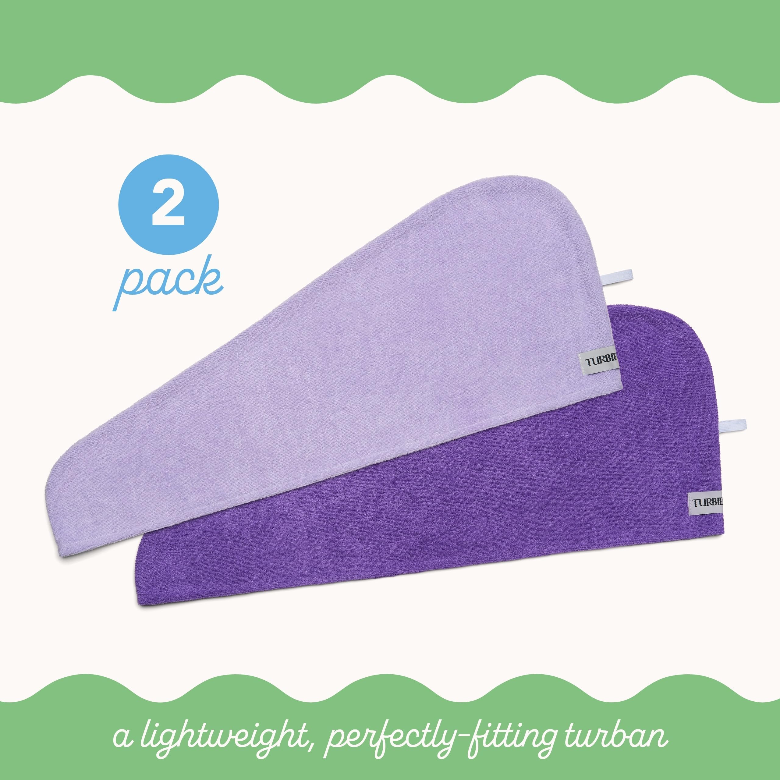 Turbie Twist 2-pack microfiber wrap on head demonstrates secure twist-and-loop design.