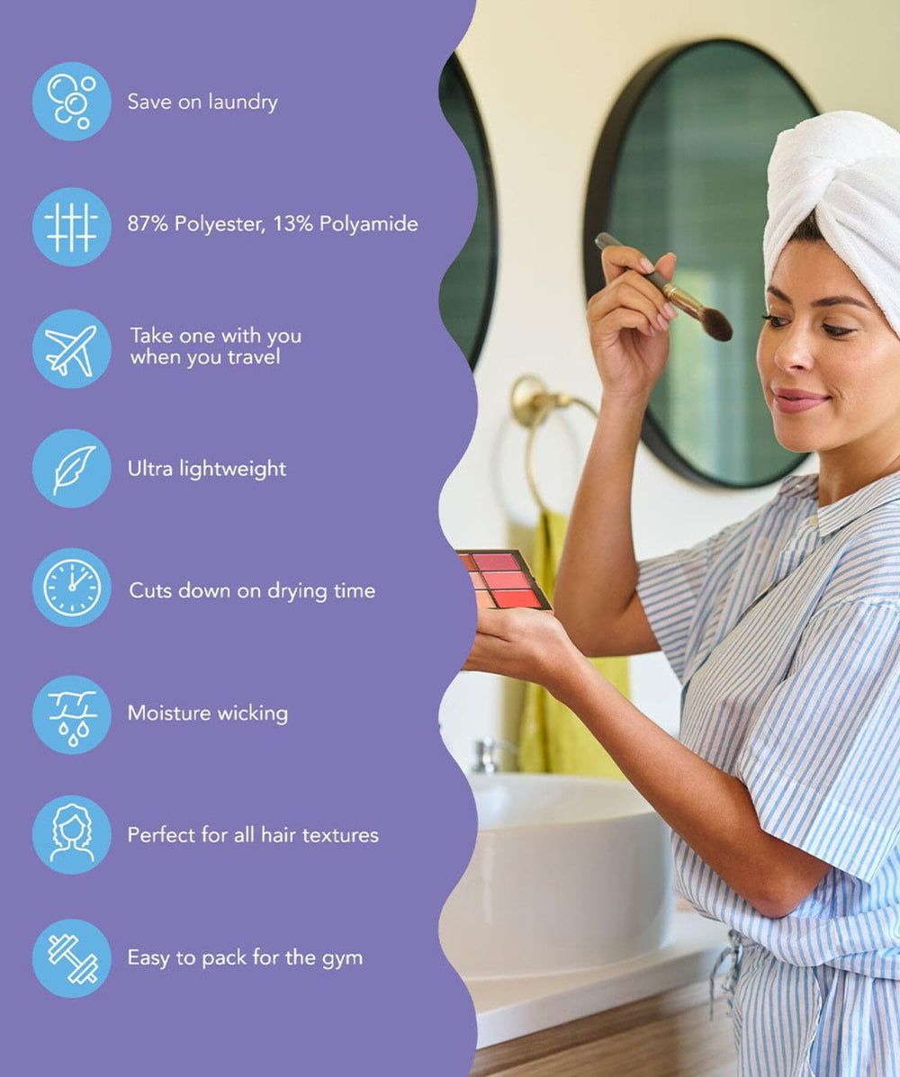 Turbie Twist absorbent microfiber hair towel for fast drying across hair types.