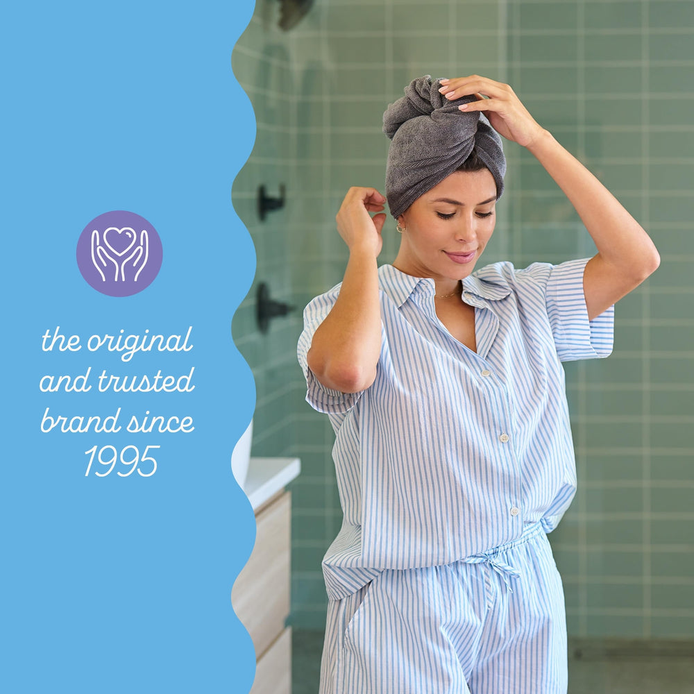 Anti-frizz Turbie Twist wrap minimizes friction during air drying.