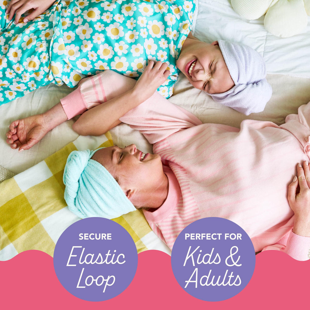 Turbie Twist easy-secure-fit hair wrap for hands-free routines.
