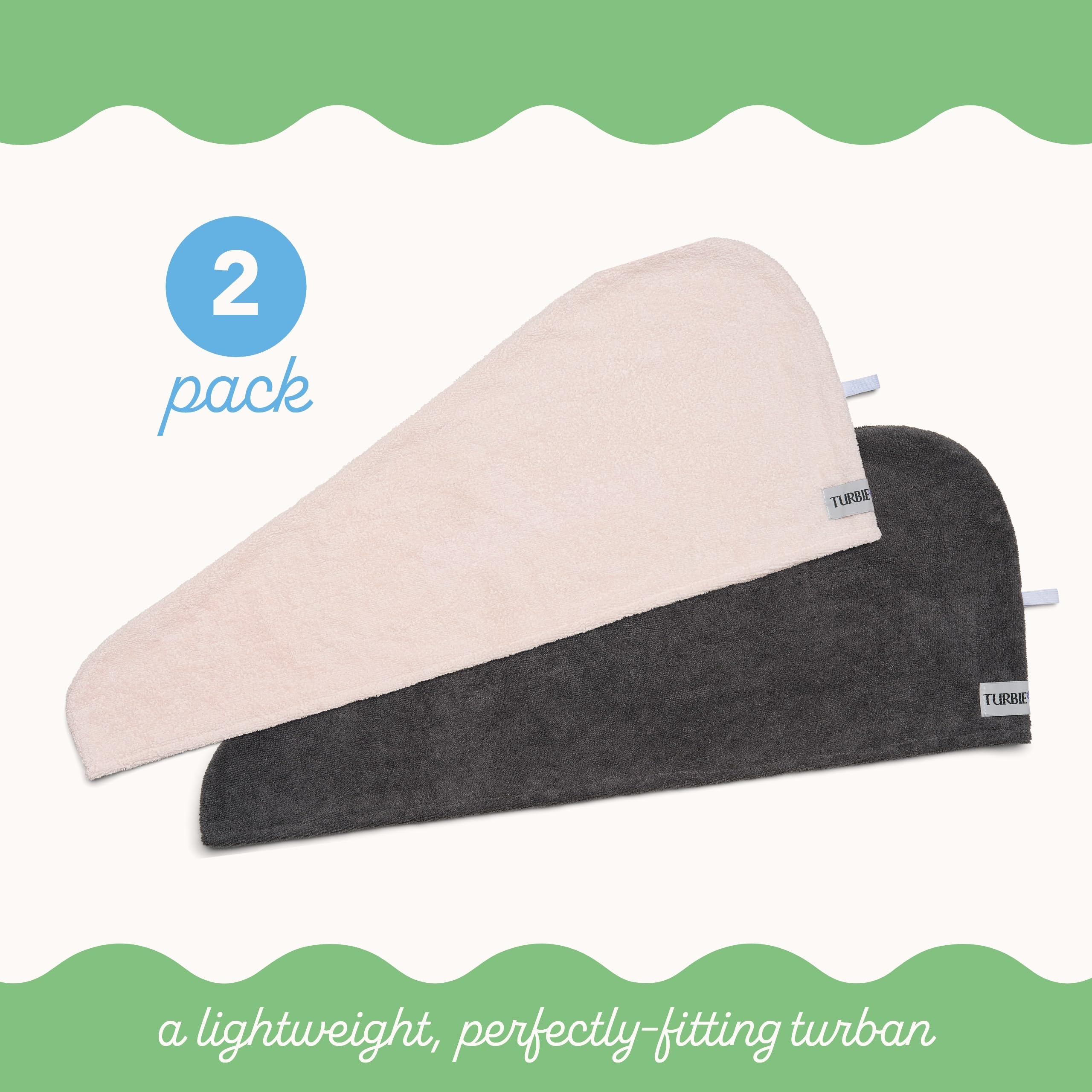 Turbie Twist hair wrap sits on head, secure twist-and-loop for travel.