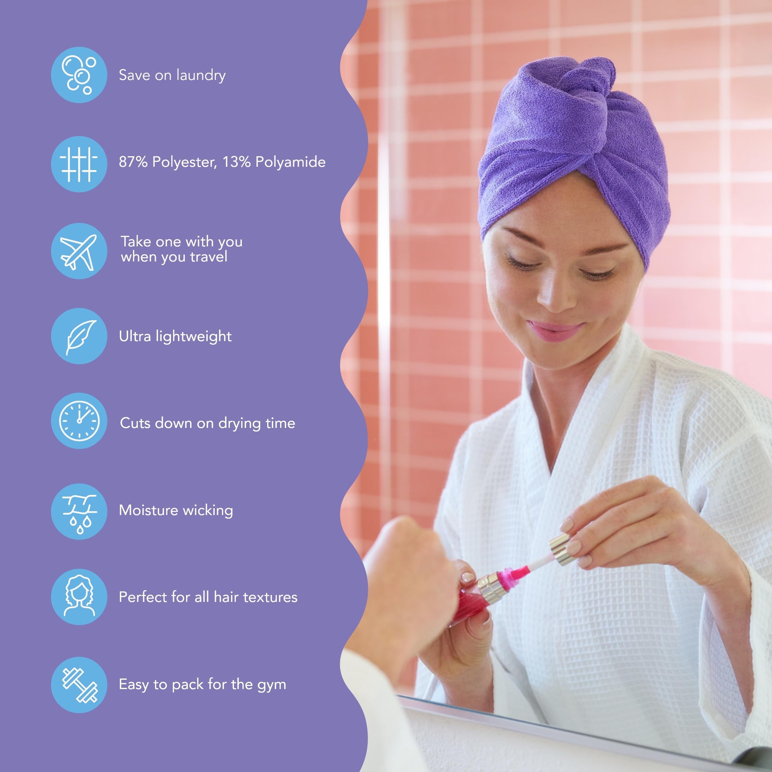 Turbie Twist light purple hair towel closeup highlights absorbent fabric and soft touch.