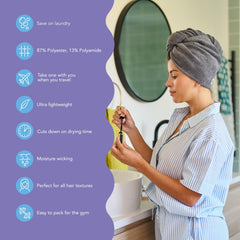 Turbie Twist microfiber close-up highlights high absorbency for fast drying.