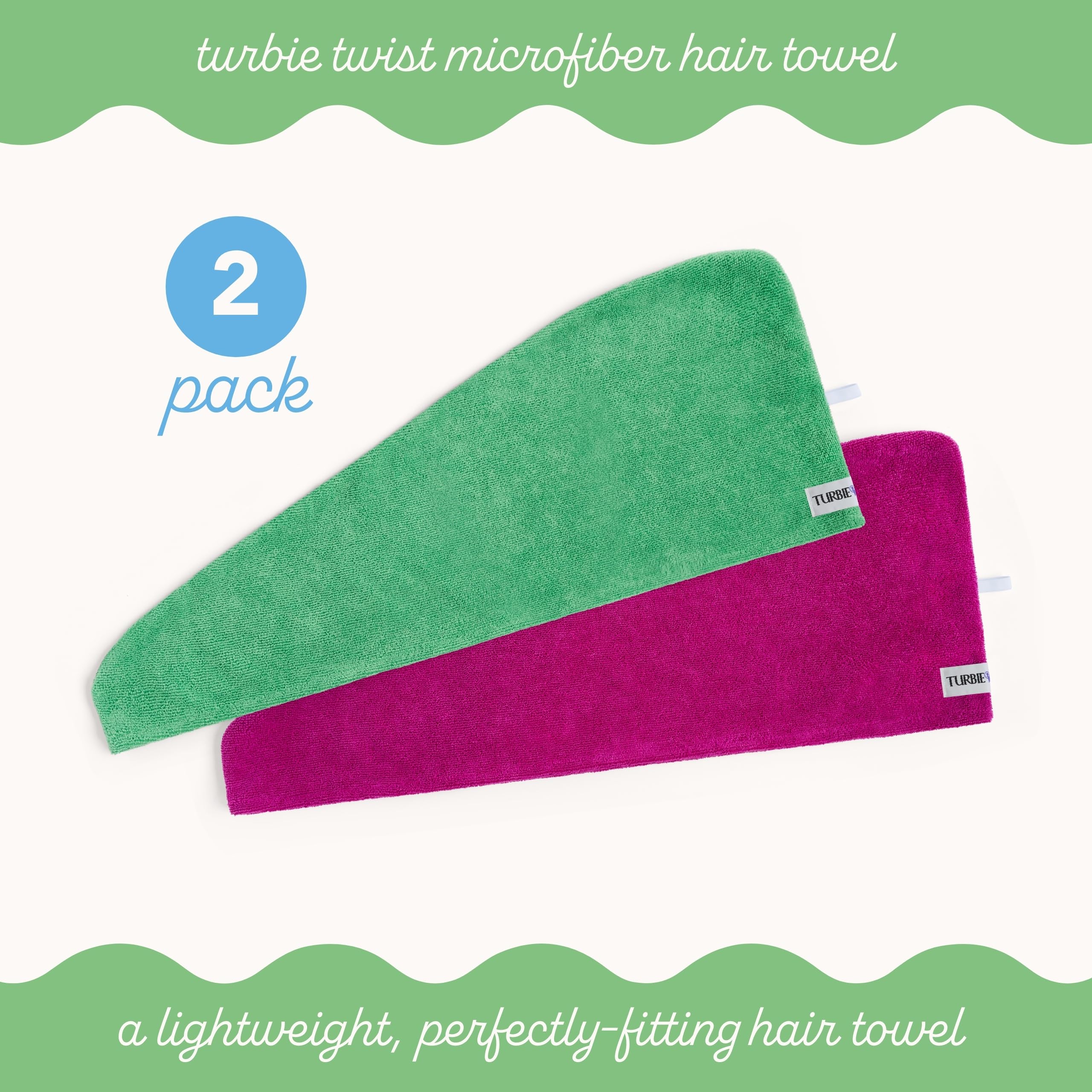 Turbie Twist lightweight microfiber towel wrapping hair gently to reduce friction.