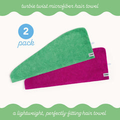 Turbie Twist lightweight microfiber towel wrapping hair gently to reduce friction.