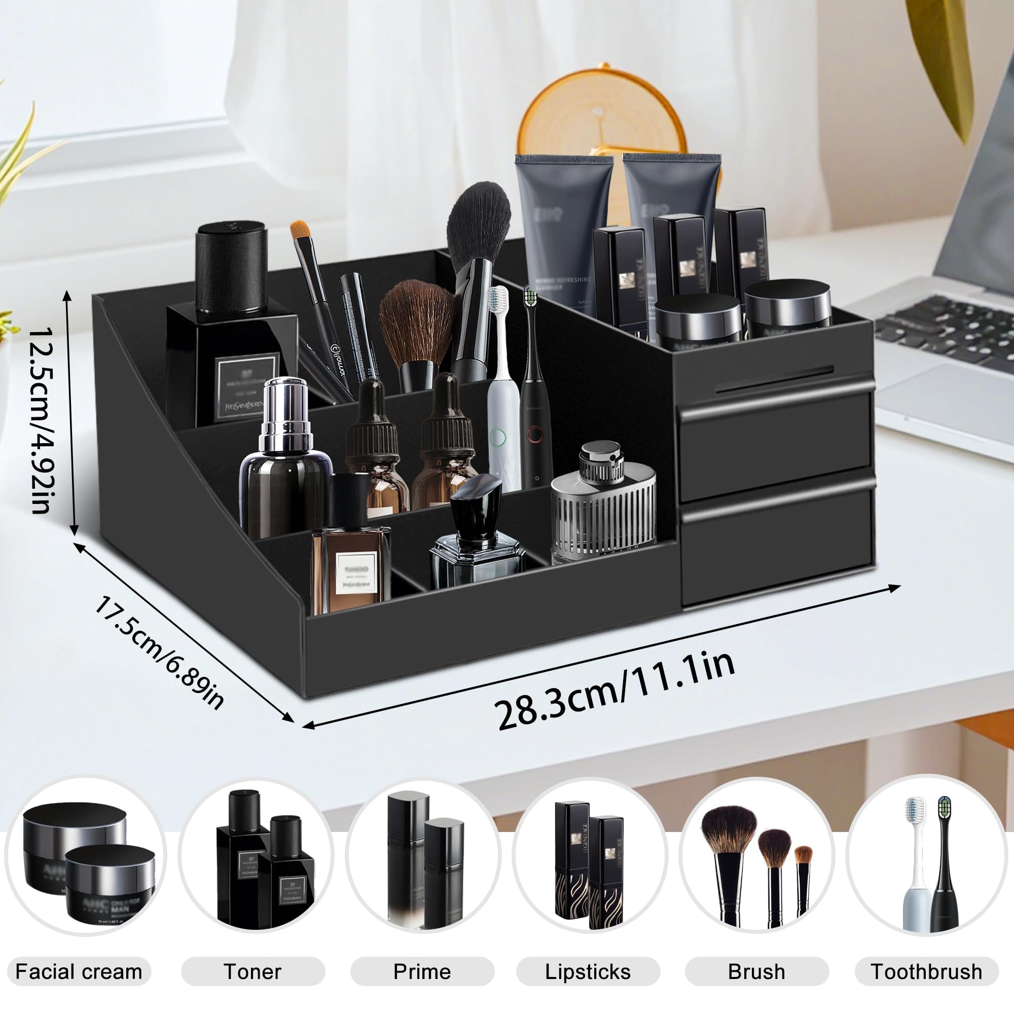 Turesmith Cologne Stand with drawers demonstrates ample space for skincare and scents.