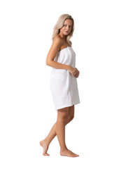 Elastic top and secure closure on Turkish Linen wrap enabling flexible sizing