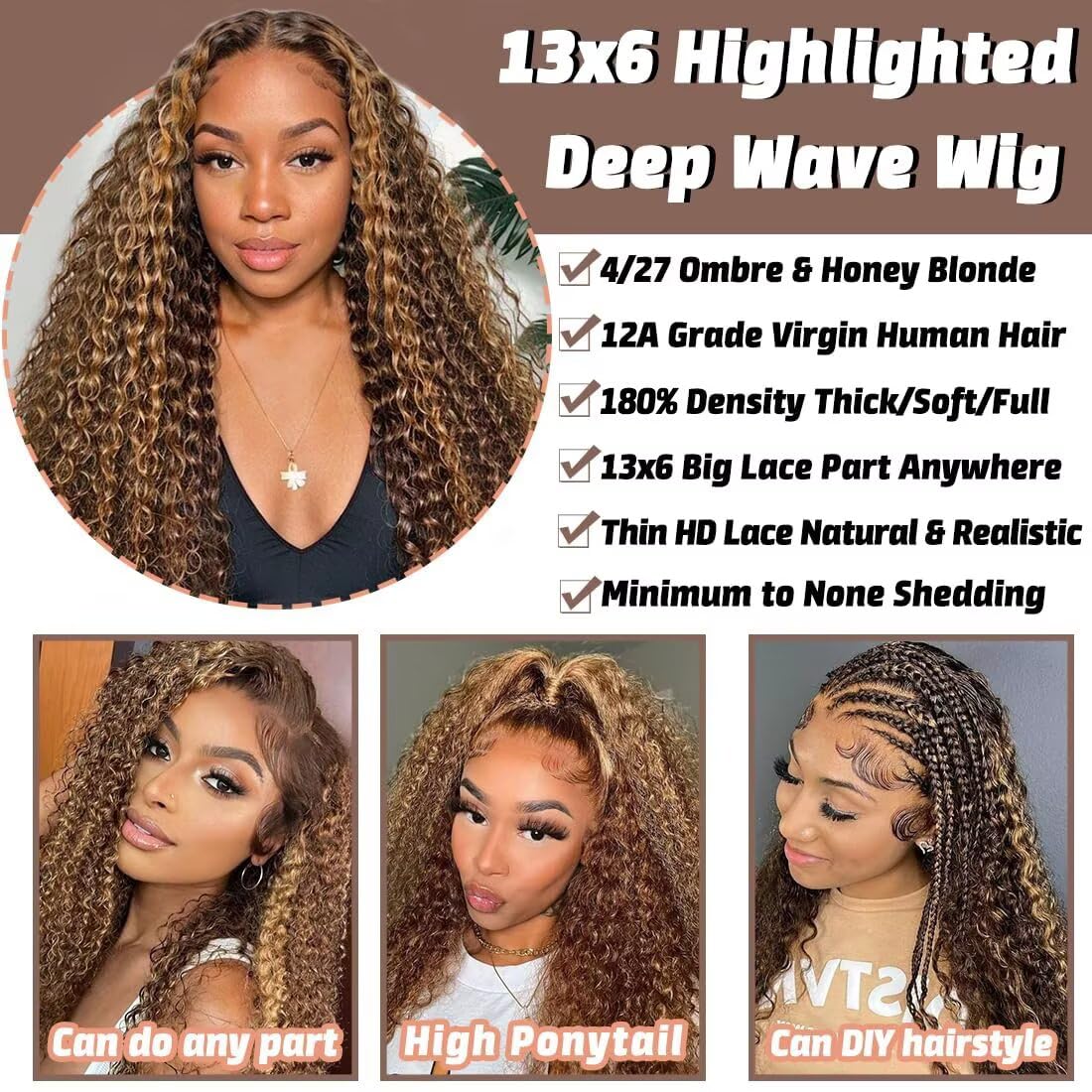 Tuviso Honey Blonde Deep Wave Wig ideal for everyday wear and special occasions.