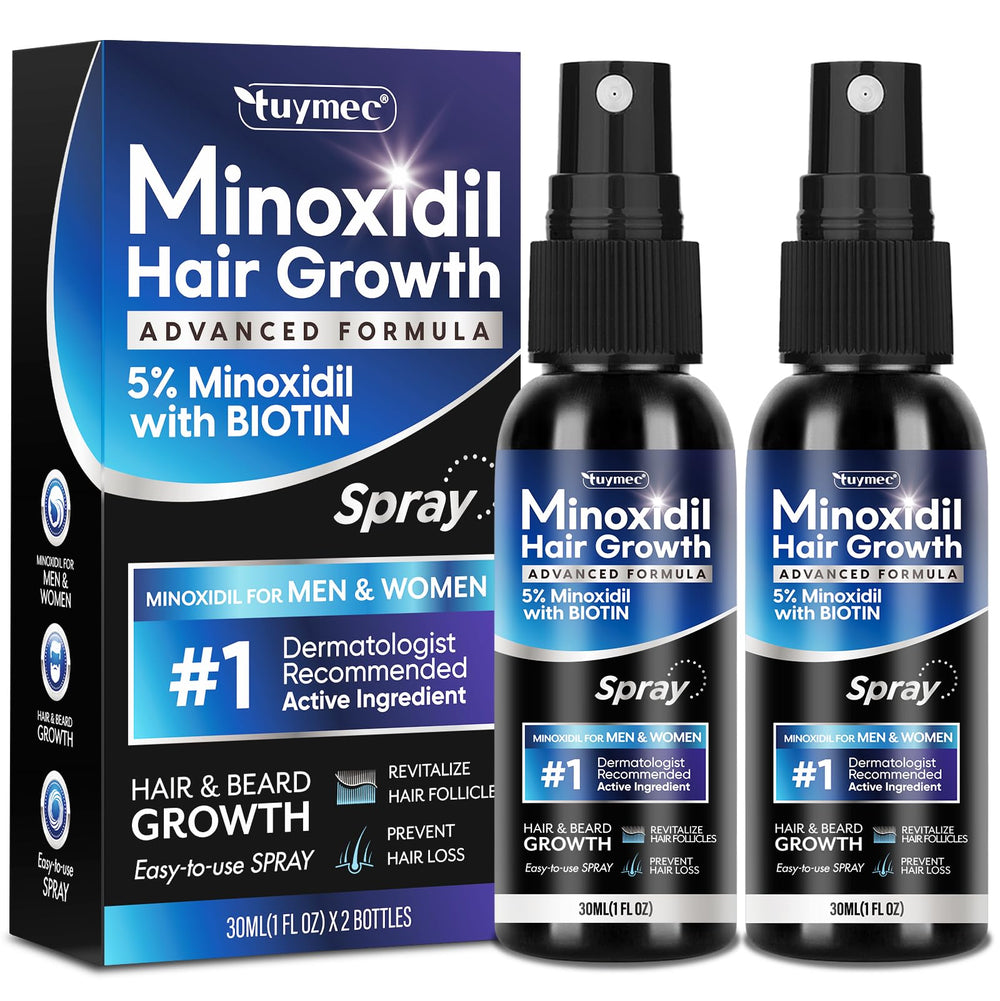 Tuymec 5% Minoxidil spray bottle shown for daily hair growth support.