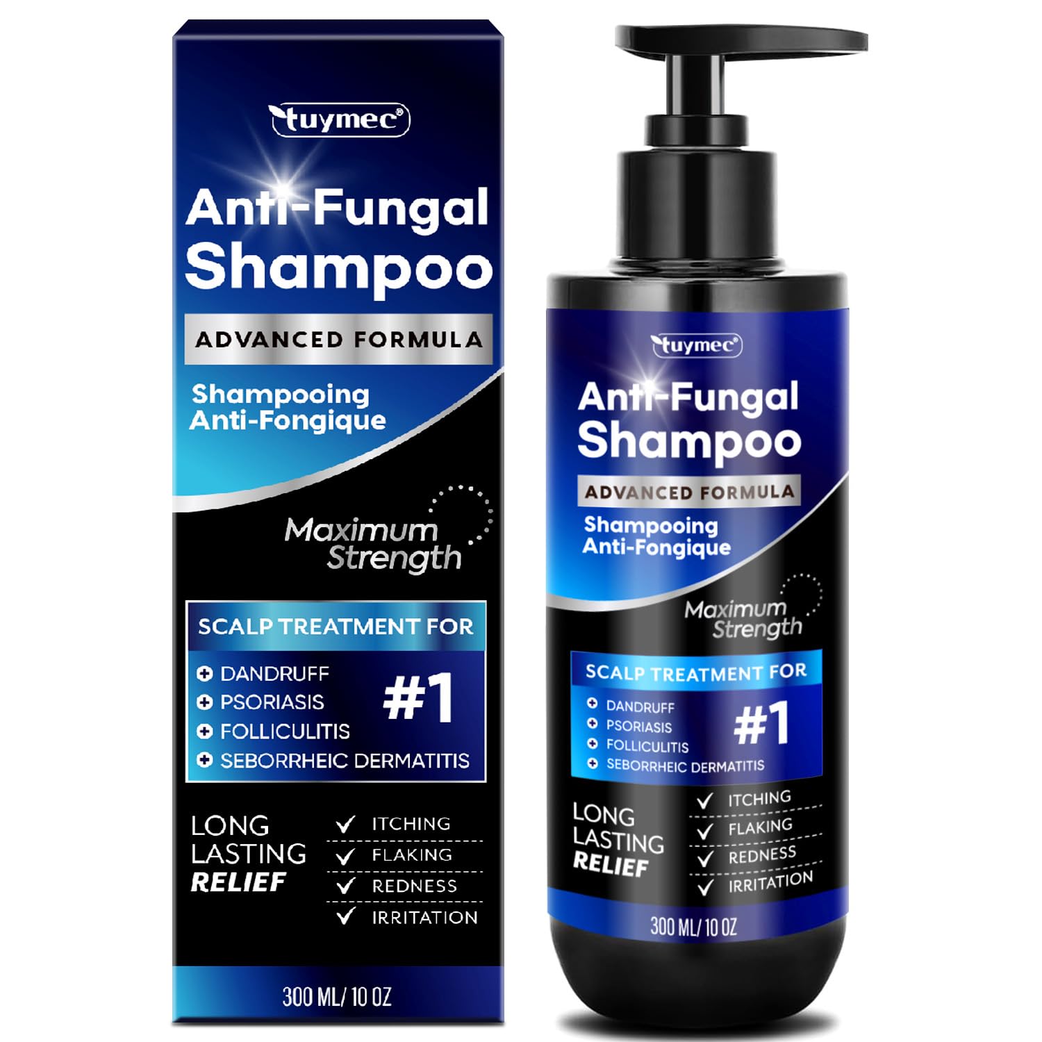 Tuymec psoriasis shampoo bottle featuring tea tree oil for scalp relief