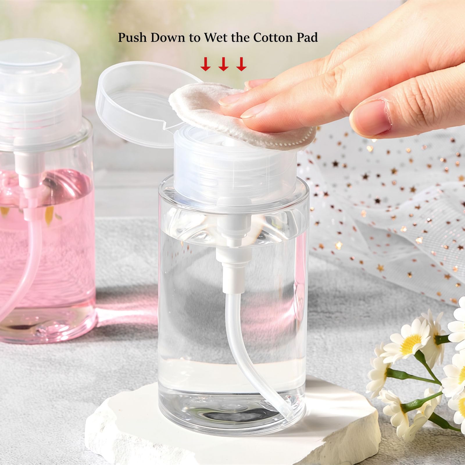 TUZAZO 3-pack push-down pump bottle cap closeup showing secure cap for travel