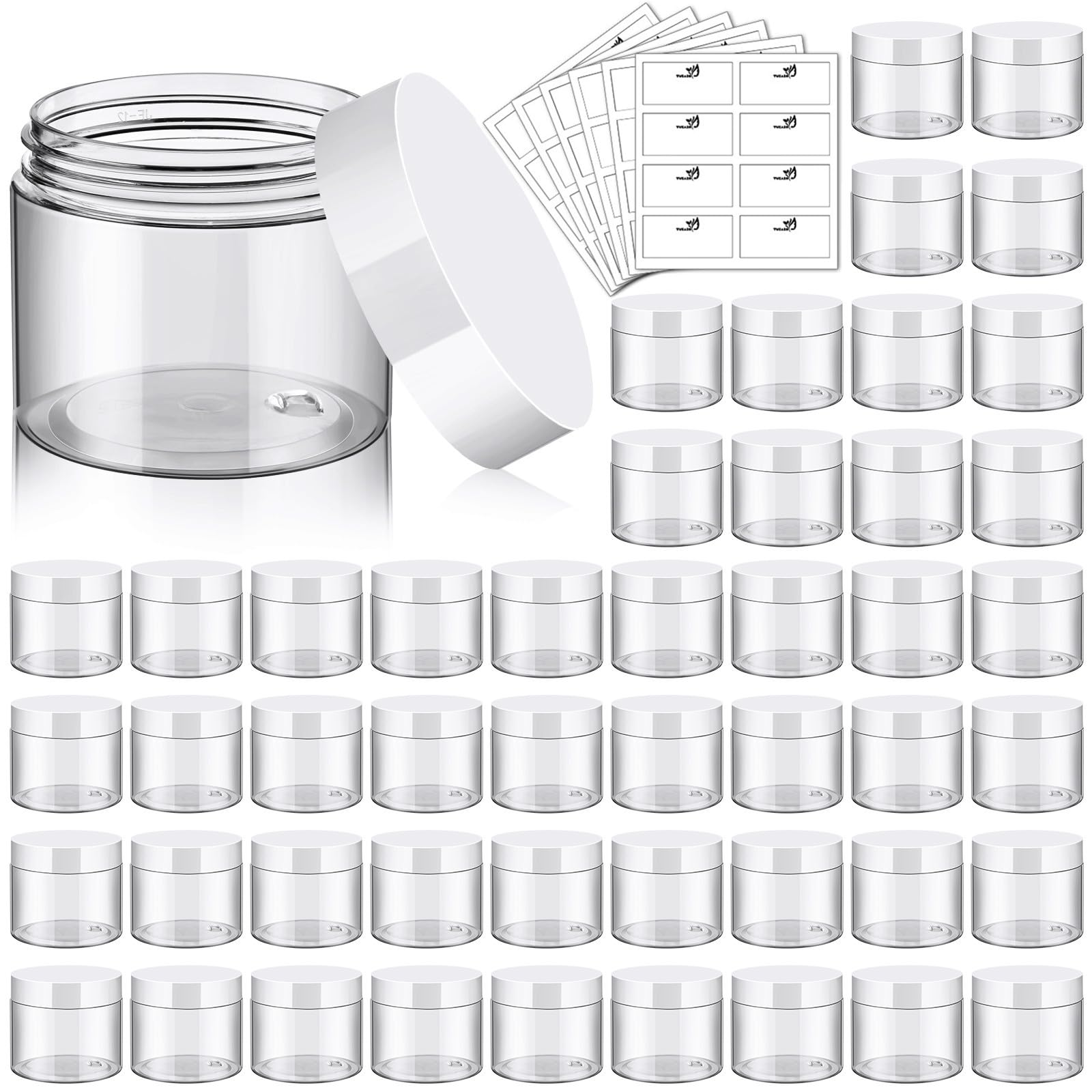 TUZAZO 48-pack 6oz containers with lids and labels for organized storage.