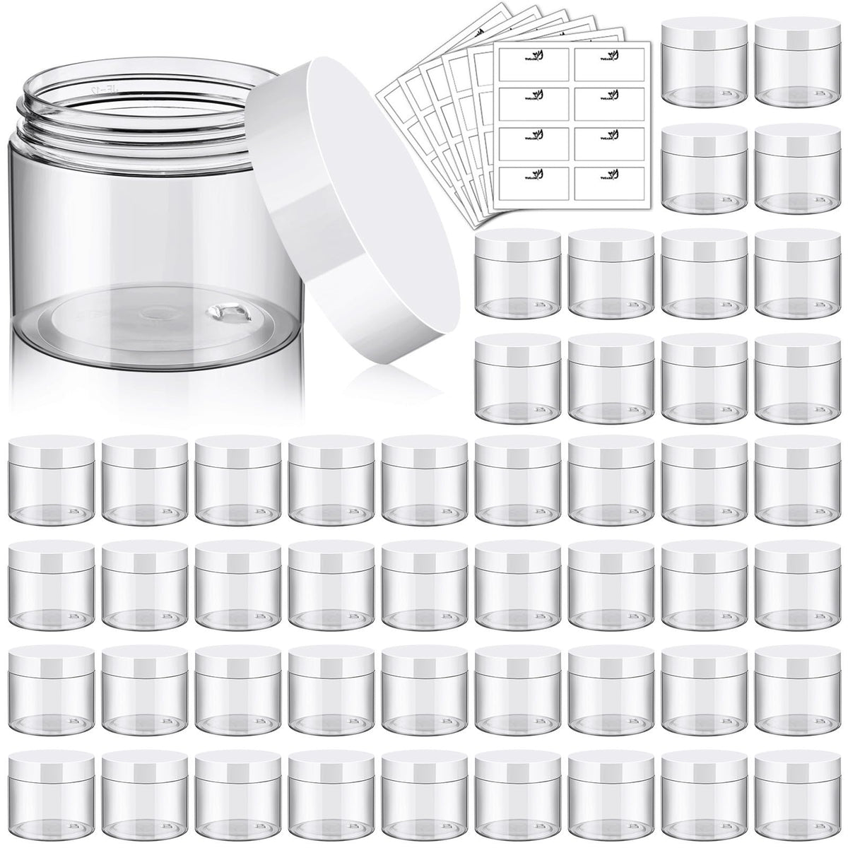 TUZAZO 48-pack 6oz containers with lids and labels for organized storage.