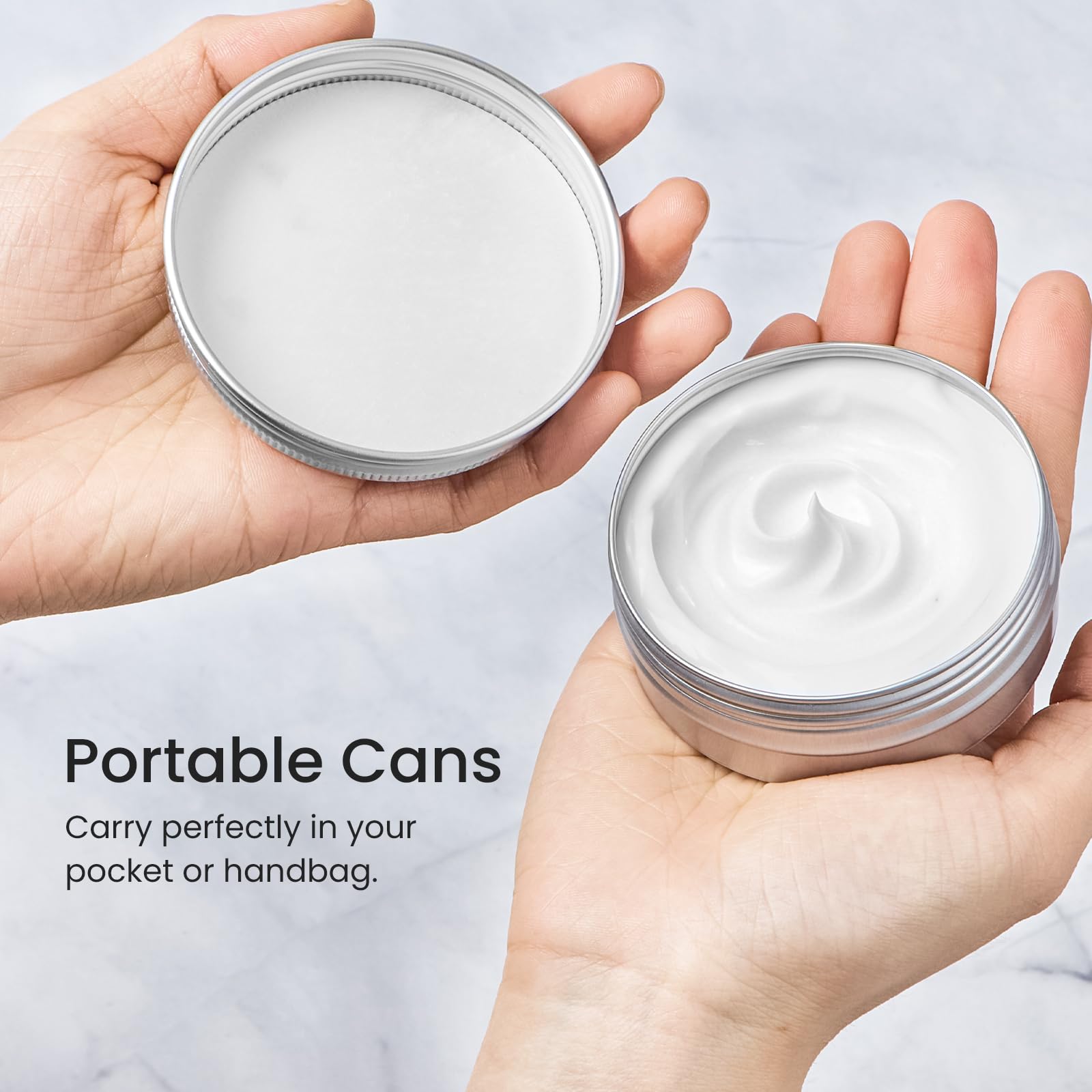 TUZAZO travel-size cosmetic containers in hand show compact, versatile storage.