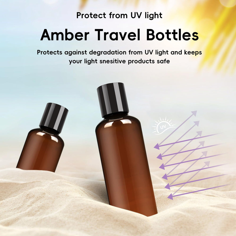 TUZAZO UV-filter amber bottle protecting contents from sun exposure.