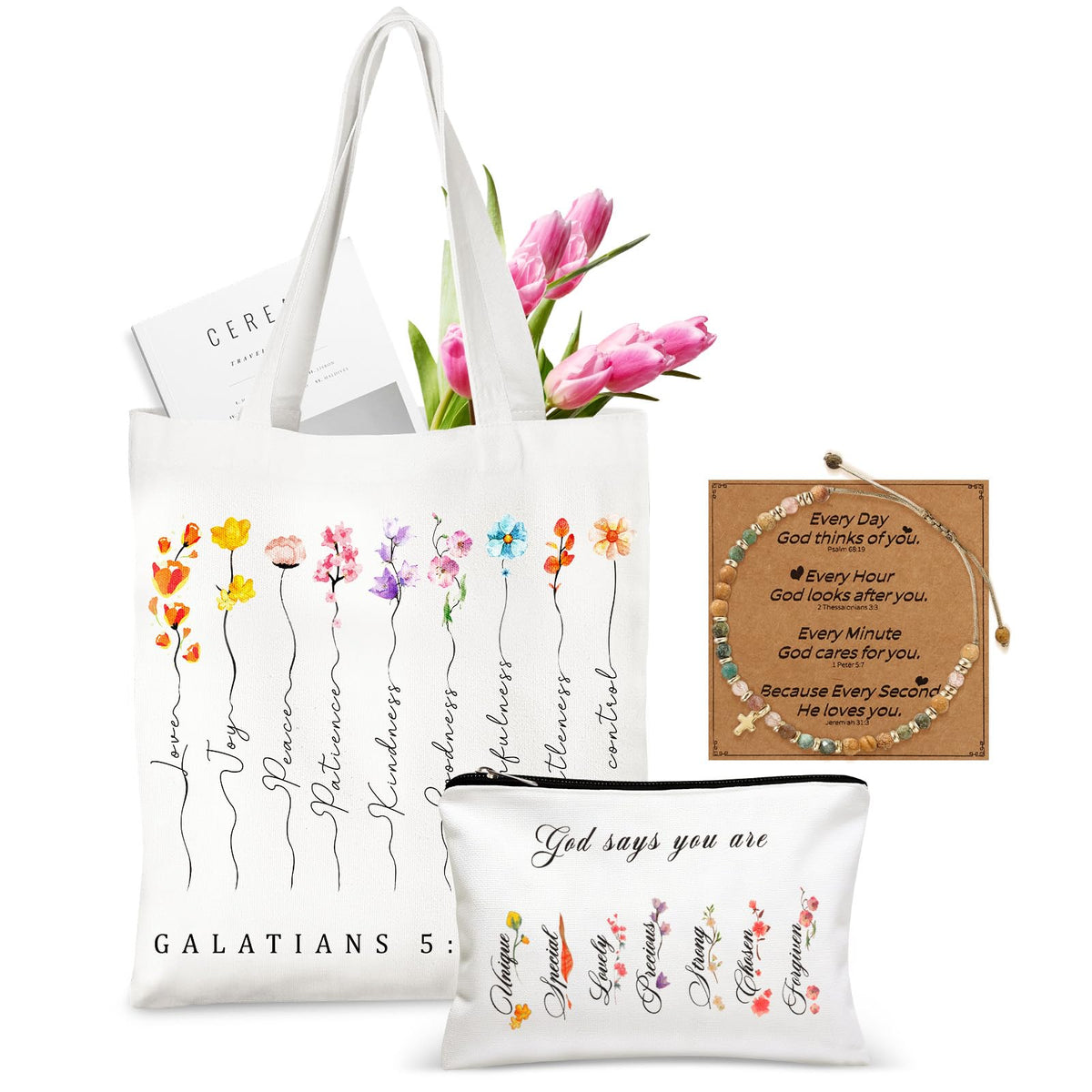 TUZELIYA Bible verse tote bag with floral art for daily encouragement